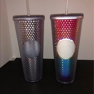 Two Starbucks studded rainbow/silver tumblers
